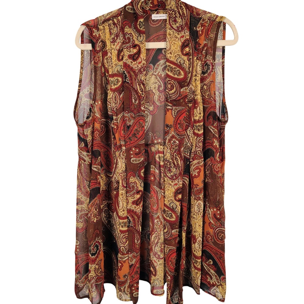 Susan Graver Womens 1X Paisley Open Front Vest Multicolor Chiffon Whimsigoth